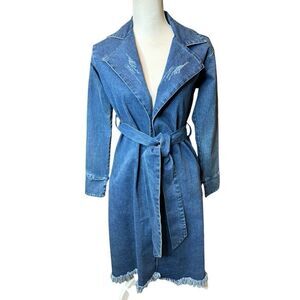 Kaylee Kollection Women's On Trend Blue Belted Denim Trench Coat Boho Couture S